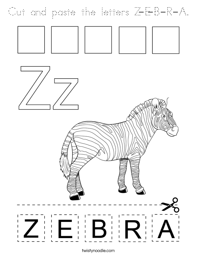 Cut and paste the letters Z-E-B-R-A. Coloring Page