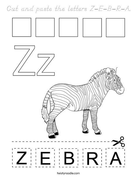 Cut and paste the letters Z-E-B-R-A. Coloring Page