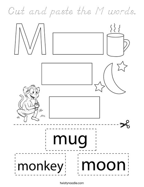 Cut and paste the M words. Coloring Page
