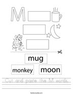 kindergarten worksheets letter m Cut and paste the M words Handwriting Sheet