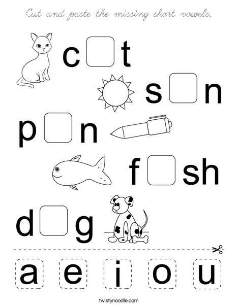 Cut and paste the missing short vowels. Coloring Page