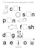 Cut and paste the missing short vowels Coloring Page