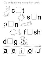 Cut and paste the missing short vowels Coloring Page