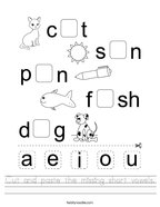 Cut and paste the missing short vowels Handwriting Sheet