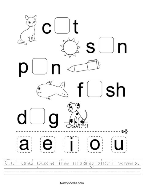 Cut and paste the missing short vowels. Worksheet