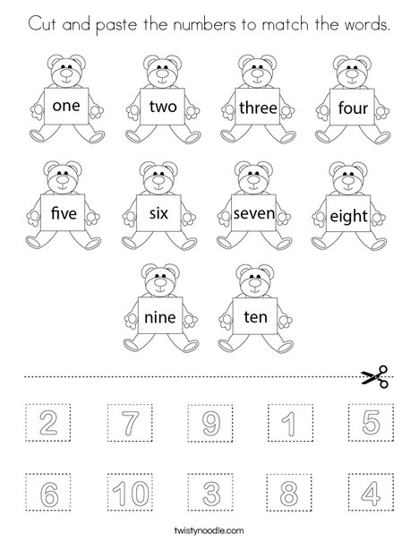 Cut and paste the numbers to match the words. Coloring Page