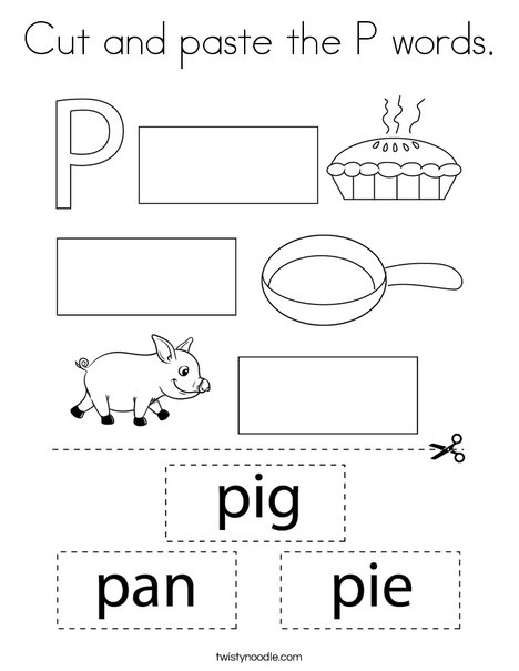 Cut and paste the P words. Coloring Page