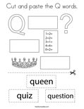 Cut and paste the Q words. Coloring Page