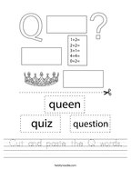 Cut and paste the Q words Handwriting Sheet