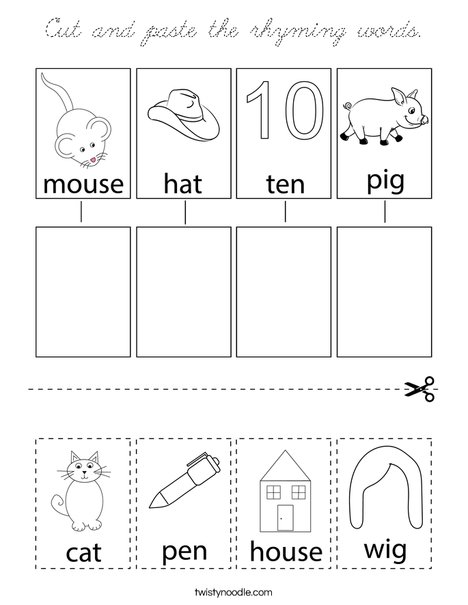 Cut and paste the rhyming words. Coloring Page