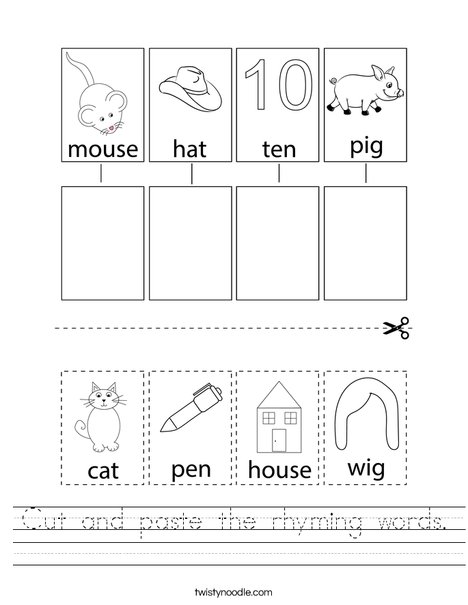 cut and paste the rhyming words worksheet twisty noodle