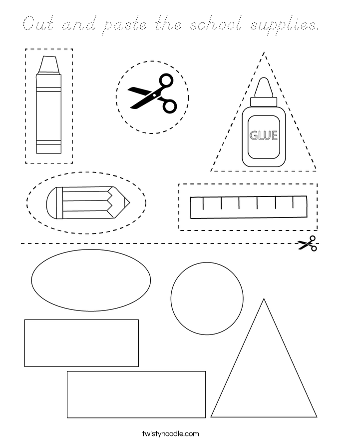 Cut and paste the school supplies. Coloring Page