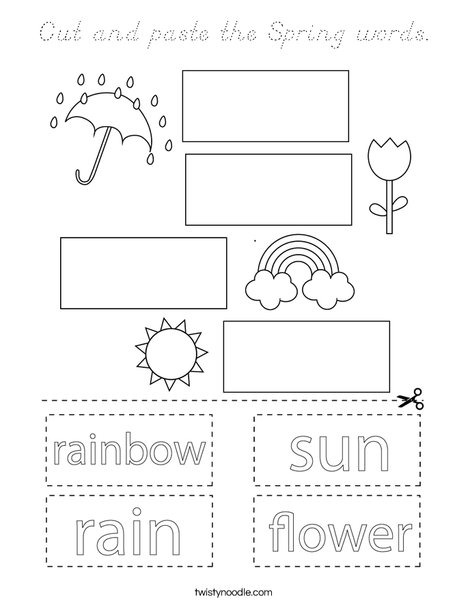 Cut and paste the Spring words. Coloring Page