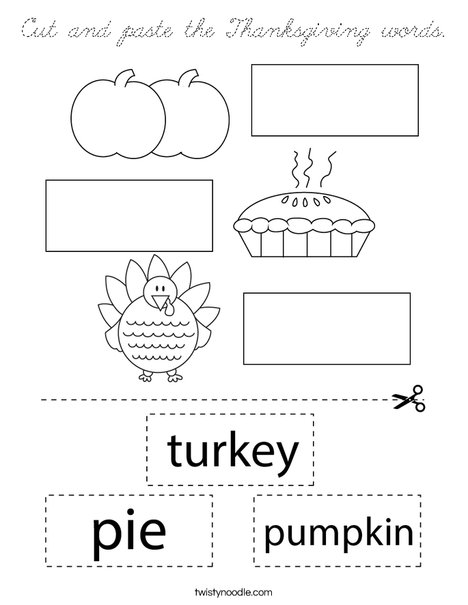 Cut and paste the Thanksgiving words. Coloring Page