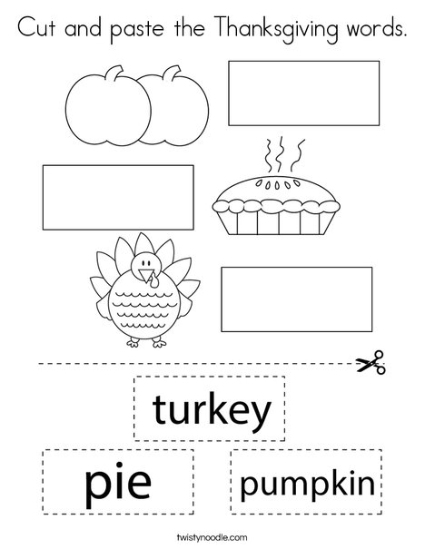 Cut and paste the Thanksgiving words. Coloring Page