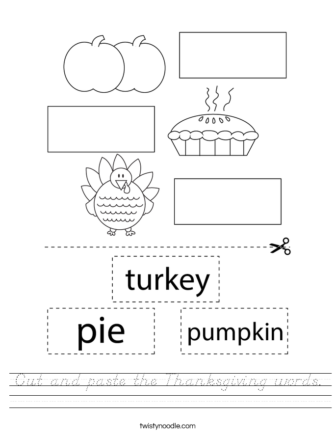Cut and paste the Thanksgiving words. Worksheet