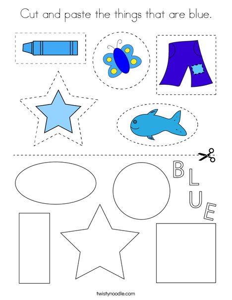 Cut and paste the things that are blue. Coloring Page