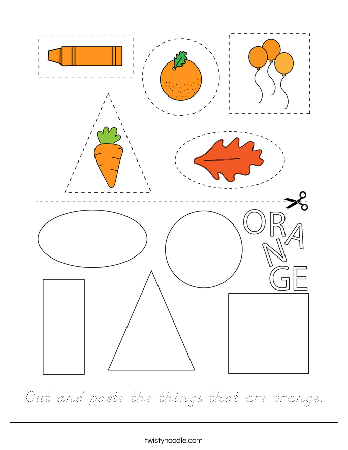 Cut and paste the things that are orange Worksheet D'Nealian Twisty
