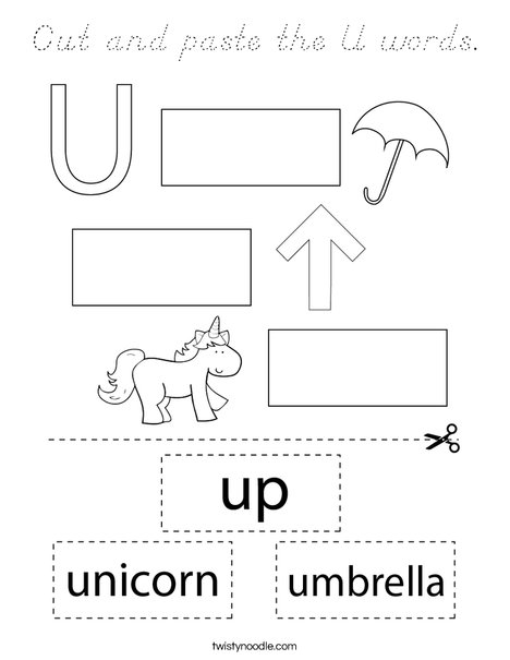 Cut and paste the U words. Coloring Page