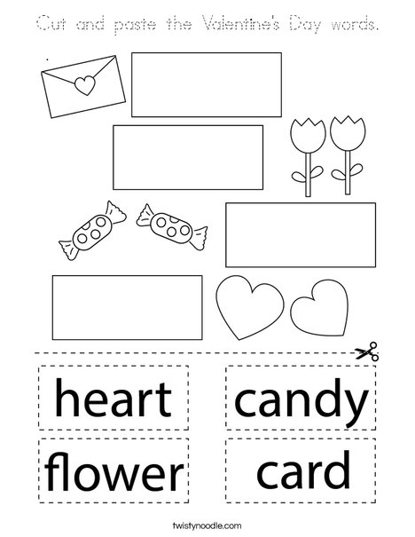 Cut and paste the Valentine's Day words. Coloring Page