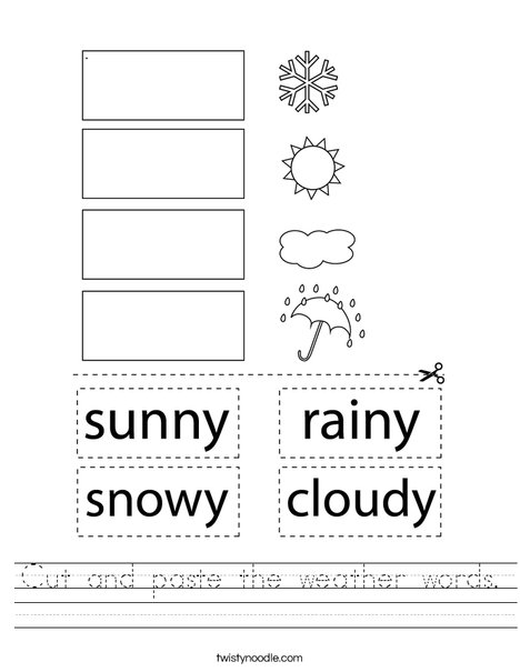 cut and paste the weather words worksheet twisty noodle