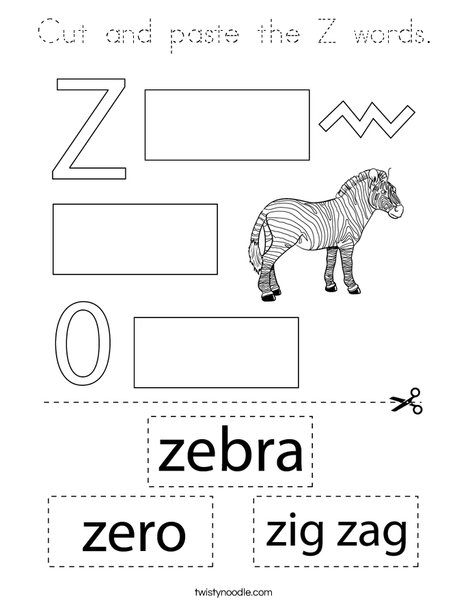 Cut and paste the Z words. Coloring Page