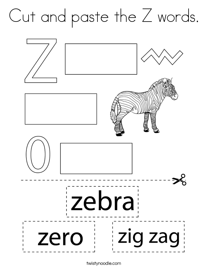 Cut and paste the Z words. Coloring Page