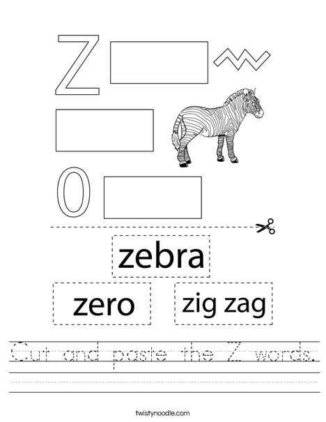 Cut and paste the Z words. Worksheet