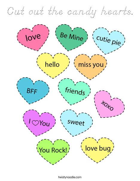 Cut out the candy hearts.  Coloring Page