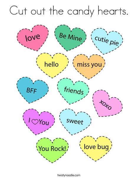 Cut out the candy hearts.  Coloring Page