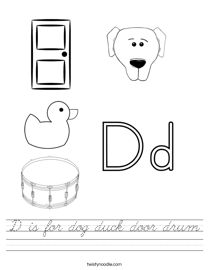 D is for dog duck door drum Worksheet