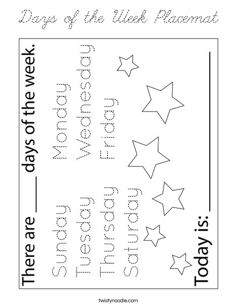 Days of the Week Placemat Coloring Page