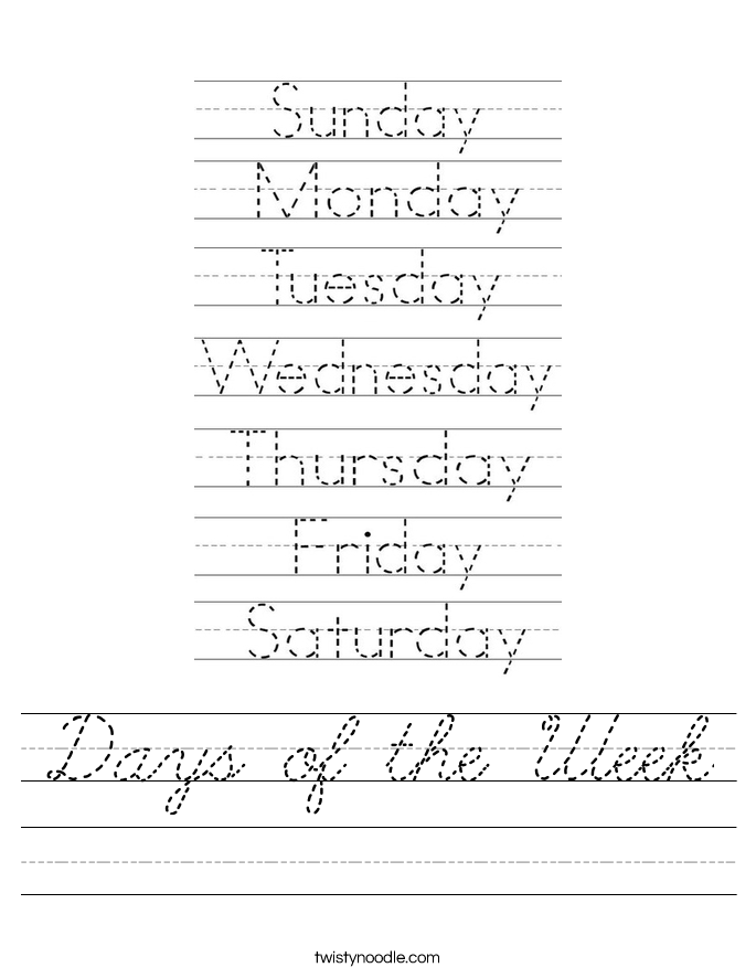 Days Of The Week Worksheet Cursive Twisty Noodle