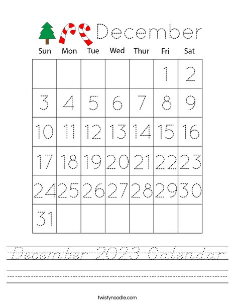 December 2020 Calendar Worksheet