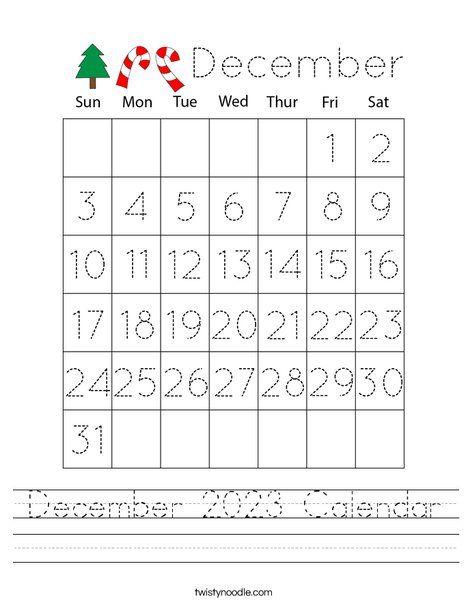 December 2020 Calendar Worksheet