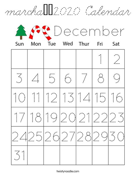 December 2020 Calendar Coloring Page