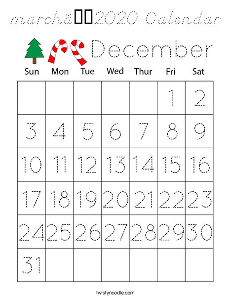 December 2020 Calendar Coloring Page