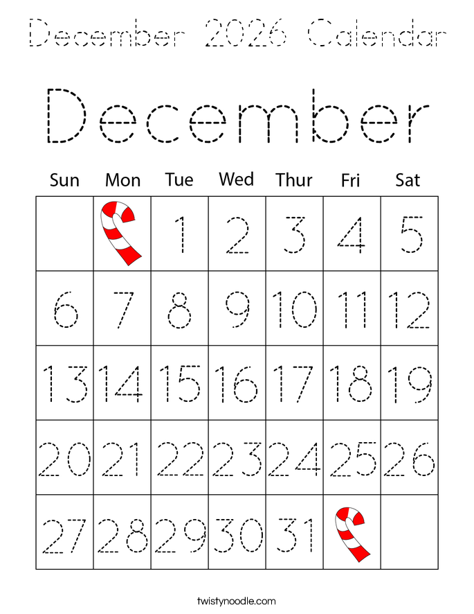 December 2026 Calendar Coloring Page