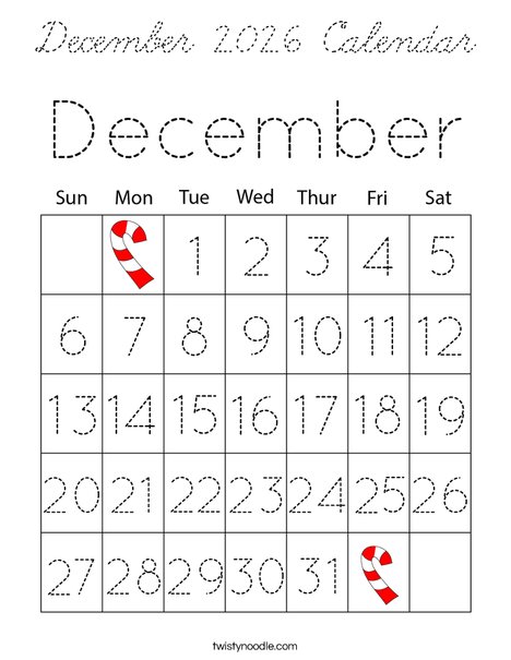 December 2026 Calendar Coloring Page