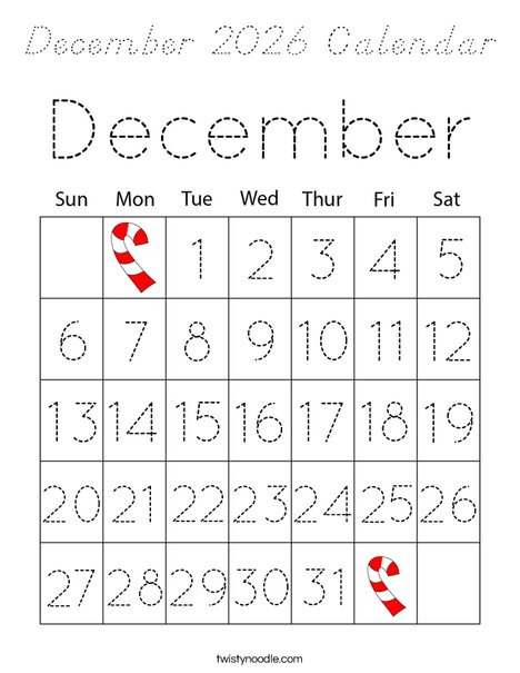 December 2026 Calendar Coloring Page