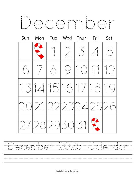 December 2026 Calendar Worksheet