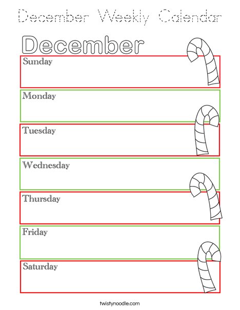 December Weekly Calendar Coloring Page