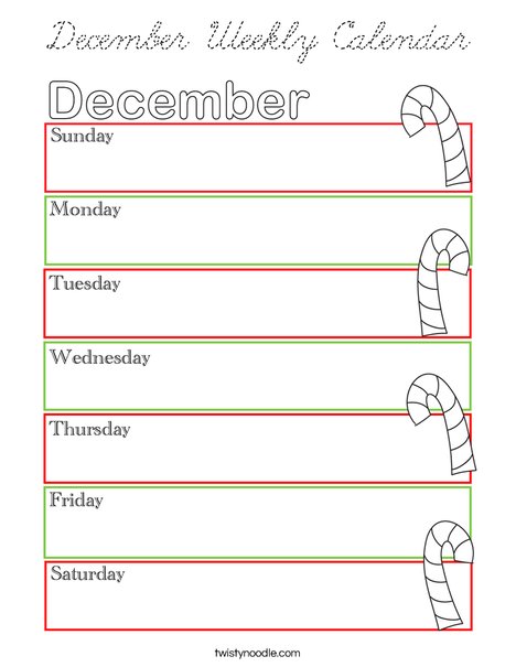 December Weekly Calendar Coloring Page