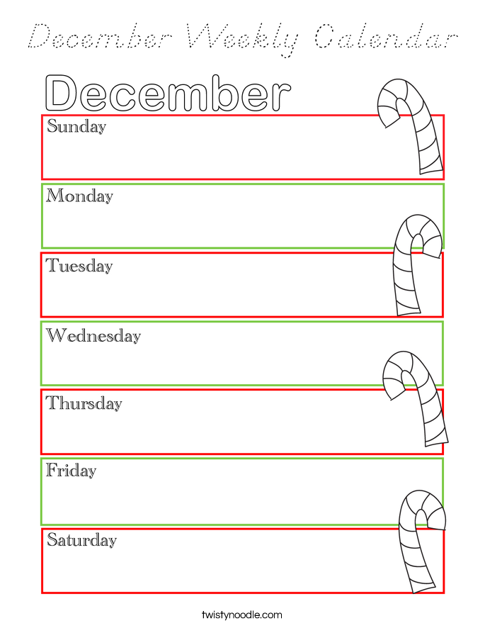 December Weekly Calendar Coloring Page