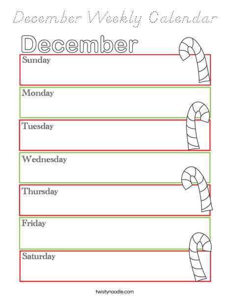 December Weekly Calendar Coloring Page