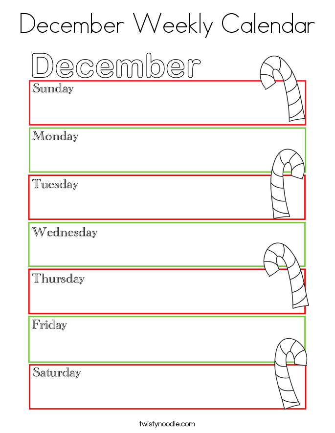 December Weekly Calendar Coloring Page Twisty Noodle December Weekly Calendar Coloring Page Twisty Noodle
