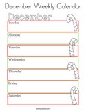 December Weekly Calendar Coloring Page