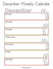 December Weekly Calendar Coloring Page