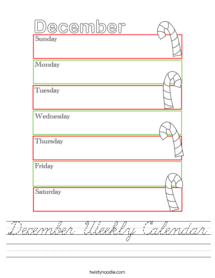 December Weekly Calendar Worksheet