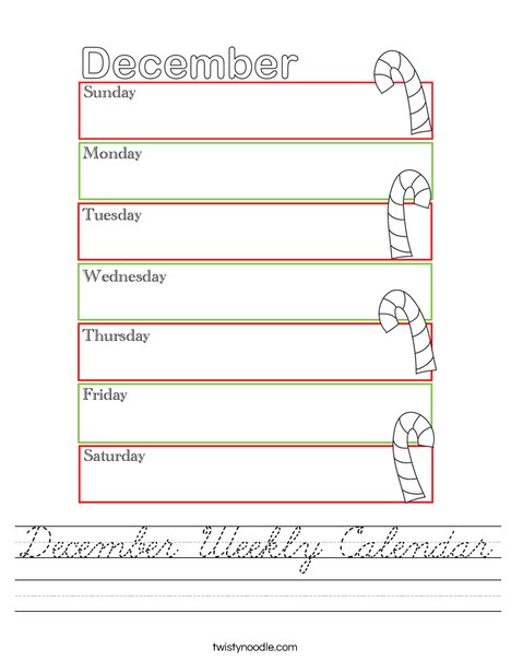 December Weekly Calendar Worksheet